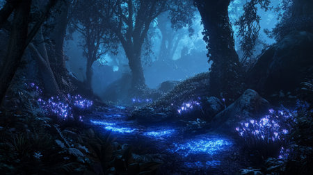 Dark enchanted forest with glowing blue mist, eerie Walpurgis Night atmosphere. Generative AIの素材