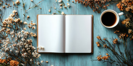 Planning concept with an empty notebook, coffee cup, and dried flowers, top view. Generative AIの素材
