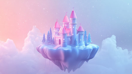 Watercolor fairytale castle on a floating island, surrounded by mist and twinkling stars. Generative AIの素材
