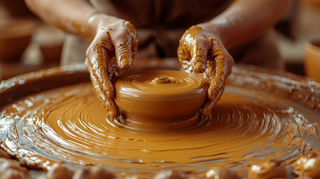 Hands covered in wet clay at a pottery wheel, with spinning clay. Generative AIの素材