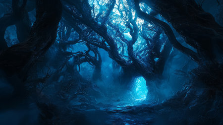 Dark enchanted forest with glowing blue mist, eerie Walpurgis Night atmosphere. Generative AIの素材