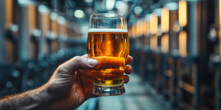 Hands holding glass with beer sample checking color or clarity in brewery. Generative AIの素材