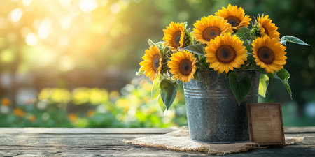 galvanized metal bucket with sunflowers. Generative AIの素材