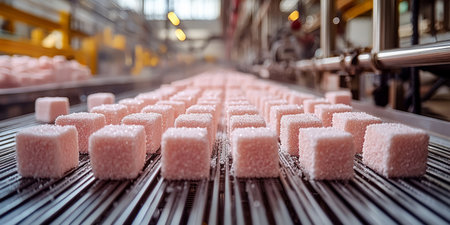 Marshmallow production line with soft sweets on a conveyor. Generative AIの素材