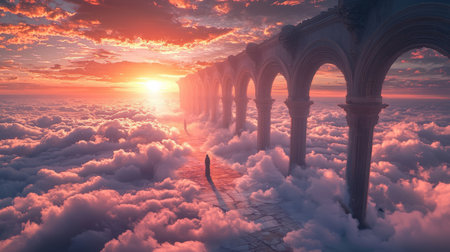 Airy, marble arches rise above the clouds. The rising sun with golden light. Generative AIの素材