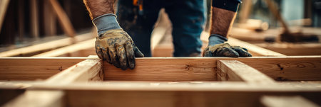 Professional builder assembling wooden beams for a new house construction project. Generative AIの素材