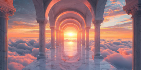 Airy, marble arches rise above the clouds. The rising sun with golden light. Generative AIの素材