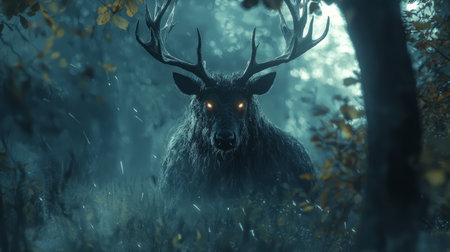 Otherworldly creature with antlers made of pure light, glowing eyes peering through a shadowy enchanted glade. Generative AIの素材