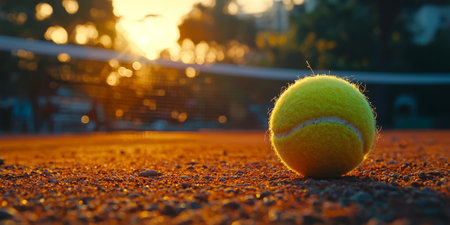 Tennis ball on a clay court, close-up with blurred net in the background. Generative AIの素材