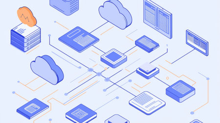 Simple, elegant line-art flowchart demonstrating cloud-based document management. Generative AIの素材
