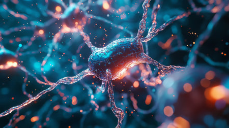 Medical research concept with microscopic molecular connections and futuristic blue tones. Generative AIの素材