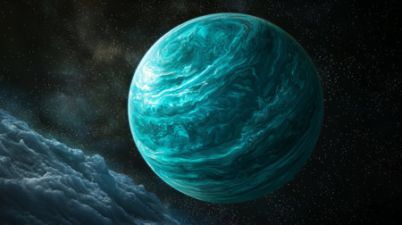Futuristic exoplanet with glowing blue oceans and swirling cloud formations in deep space. Generative AIの素材