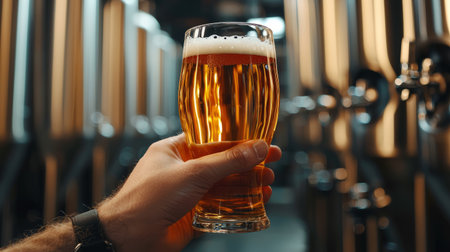 Hands holding glass with beer sample checking color or clarity in brewery. Generative AIの素材