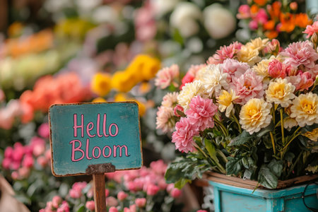 Colorful flower market with blooming spring flowers with sign Hello Bloom. Generative AIの素材