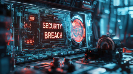 Sci-fi inspired cyberattack with holographic screen showing SECURITY BREACH in bold, glitching tex. Generative AIの素材
