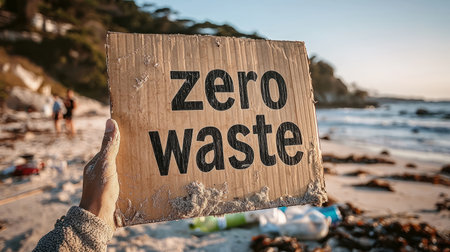 Person holding a sign promoting zero waste on beach, cleanup event. Generative AIの素材
