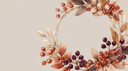 autumn leaves and berries forming a wreath shape on a neutral space. Generative AIの素材