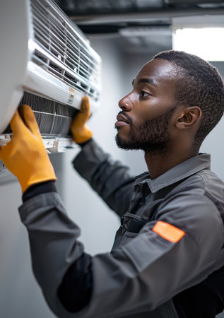 Technician replacing an air conditioning filter, home maintenance service. Generative AIの素材