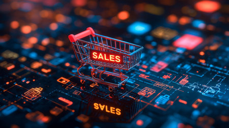 Neon Shopping Cart with Sales Sign in Store. Generative AIの素材