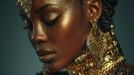 Portraits of elegant dark skinned woman with gold jewelry. Generative AIの素材