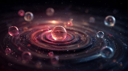 Bubbles rotating like planets around a central glowing serum drop in a cosmic lab setting. Generativeの素材