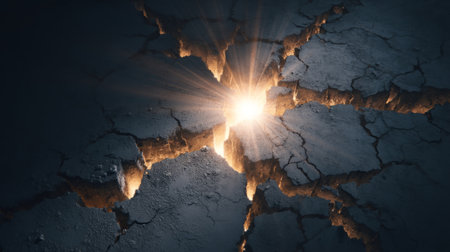 Abstract metaphor background, glowing light piercing through cracked concrete wall, symbol of hope. Generative AIの素材