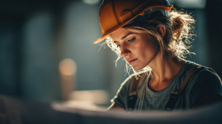 Dramatic lighting, female construction worker with helmet adjusting plans. Generativeの素材