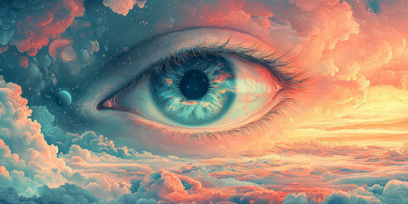 Surreal fantasy landscape with floating eye, clouds, soft pastel gradients. Generative AIの素材