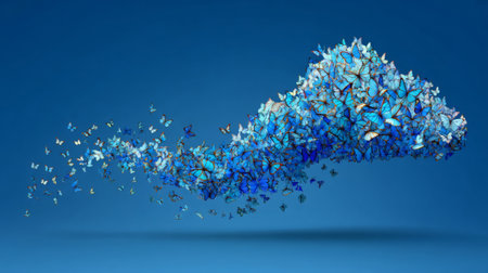 Digital butterfly cloud, floating butterflies forming wave patterns in midair. Generativeの素材