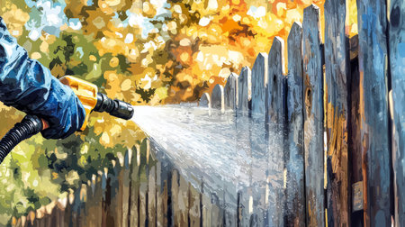 worker wearing protective gloves uses a power washer to clean a wooden fence, removing dirt and grime, highlighting home maintenance. Generative AIの素材