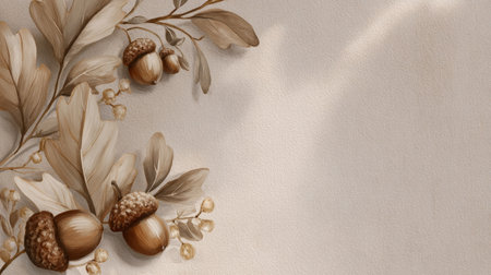 flat lay, watercolor leaves and acorns arranged on paper texture. Generativeの素材