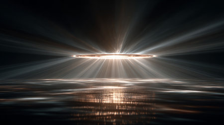 Floating disc with subtle volumetric light beams from above. Generativeの素材