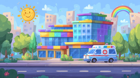 cheerful hospital exterior with colorful facade, sun, trees, and ambulance parked outside. Generative AIの素材