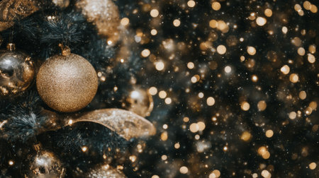 Christmas tree decorated with glowing golden baubles and silver ribbons. Generative AIの素材