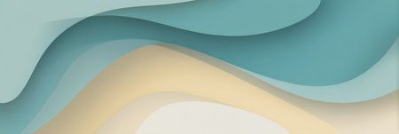 flowing summer motion, abstract waves of teal, sky blue, and sandy beige in dynamic curved layout. Generative AIの素材