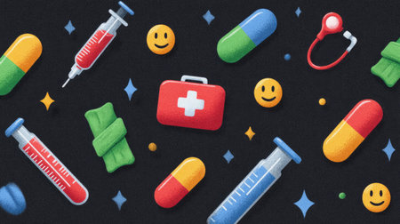 Cute Medical Pattern With Smiley Pills and Tools. Generative AIの素材