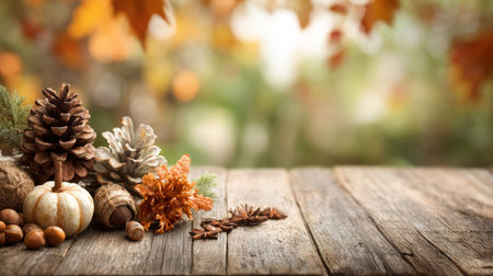Wooden tabletop decorated with pinecones, dried leaves, nuts, and fall foliage, capturing a cozy and festive autumn atmosphere. Generative AIの素材