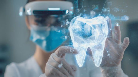 futuristic dental practice, dentist viewing 3D tooth model in augmented reality overlay. Generative AIの素材