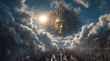 Fantasy cultural concept, sun god Inti glowing in the sky above colorful parade. Generative AIの素材