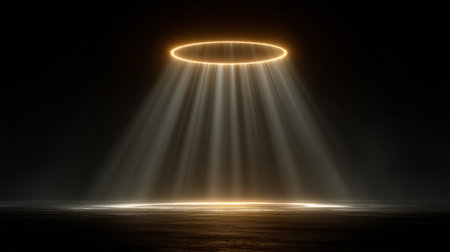 Floating disc with subtle volumetric light beams from above. Generativeの素材