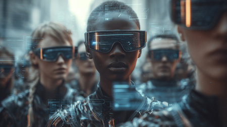 Crowds of people wearing high-tech augmented reality glasses in a futuristic urban environment, immersed in digital interfaces and data overlays. Generative AIの素材