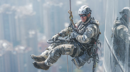 High-rise window washer suspended on ropes cleaning skyscraper glass panels. Generative AIの素材