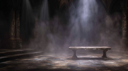 Gothic design, weathered table under dramatic beam surrounded by darkness. Generativeの素材