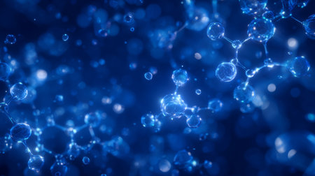 Glossy blue background, floating transparent bubbles and abstract molecules. Generativeの素材