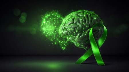 glowing green ribbon, brain, glowing background symbolizes healing and support. Generative AIの素材