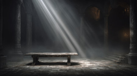 Gothic design, weathered table under dramatic beam surrounded by darkness. Generativeの素材