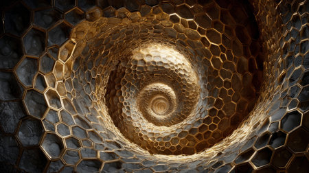 Golden honeycomb structure forming a spiraling vortex. Generativeの素材