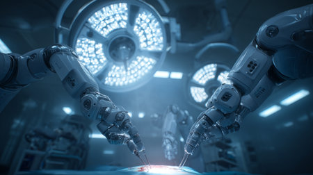 Hospital robotics, robotic arms performing surgery under sterile lighting. Generativeの素材