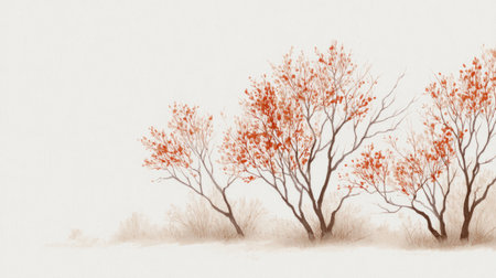 watercolor outline of bare trees with scattered red-orange leaves and soft golden fog. Generativeの素材