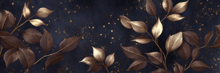 Golden 3D leaves on a dark textured background, luxurious nature-inspired wallpaper. Generative AIの素材